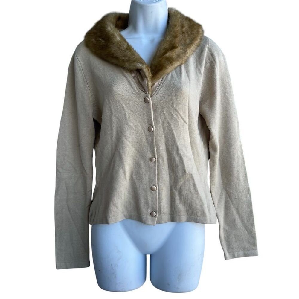 VTG HeartSoul Faux Fur Trim Cardigan Women's M Beige Button Sweater Old Money